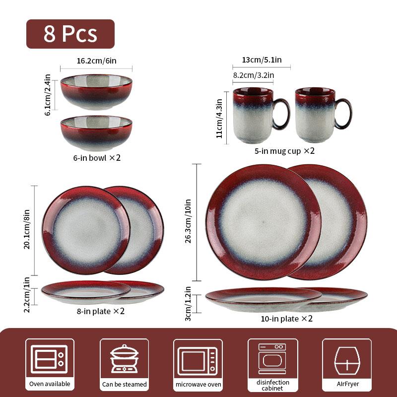 4/8-piece ceramic dinnerware set, Western style, suitable for 1-2 people, kiln-fired ceramic, ink-red, includes steak plate, salad bowl, cup, microwave-safe, machine-washable