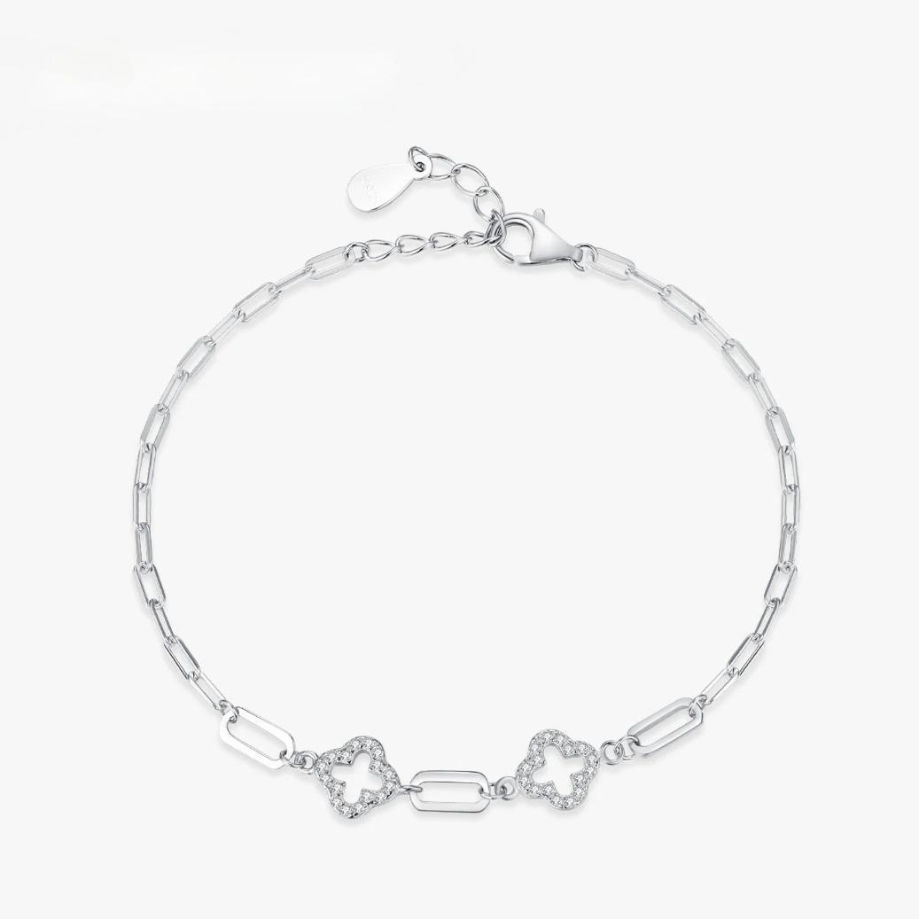 925 Sterling Silver Lucky Grass Charm Bracelet for Women Cubic Zirconia Adjustable Classic Wedding Jewelry