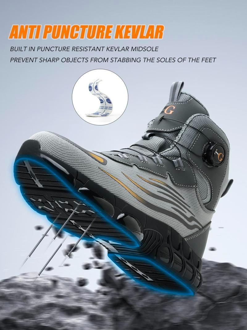 Men's Black Shoes Mid-Cut Steel Toe Puncture-Proof and Smash-Proof with Rotary Buckle Lace-Free Work Boots Non Slip Suitable for Outdoor Work Blue Collar Industrial Construction Protective New Fashion Safety Sneakers Fathersdaygift