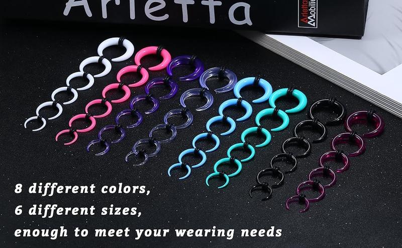 48Pcs Acrylic Septum Stretching Kit 14G 12G 10G 8G 6G 4G Septum Ring C Shape Buffalo Pincher Septum Gauge Kit Piercing Jewelry With Black O-Rings For Stretching Pierced Nose Ear Cartilage Nose Rings Hoops