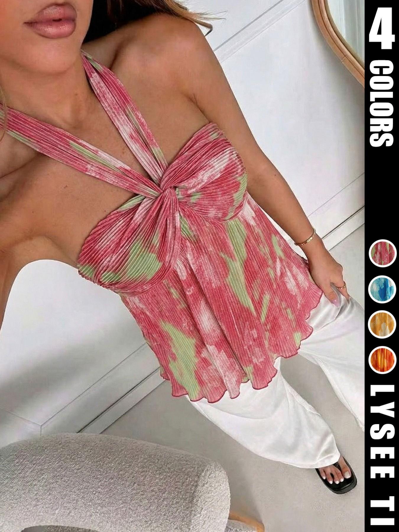 Women's Summer Sexy Vacation Gradient Color Backless Halter Top, Stylish Chic Ruched Design, Perfect for Casual Wear