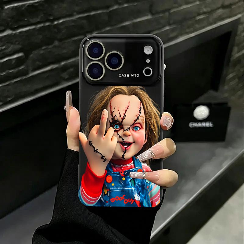 Chucky Creepy Gesture Pattern Liquid Casing for iPhone 17, 16, 15, 14, 13, 12, 11 (Pro, ProMax, Plus) - Large Window, Skin-Touch Border, Shock-Absorbing, Camera Protection for Smartphone, Cellphone, Handheld Devices, Protector