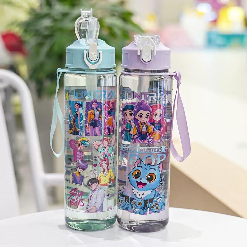 K-Pop Ghost Hunter Theme Totem Water Bottle with Lid and Straw, Reusable Hard Plastic, 700ML Eco-Friendly, Perfect for School, Travel, Halloween Party