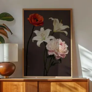 Frameless Poppy Lily Peony Flower Print Poster, Elegant Wall Art, Vintage Plant Theme, Modern Nature Art Print, Home Decor