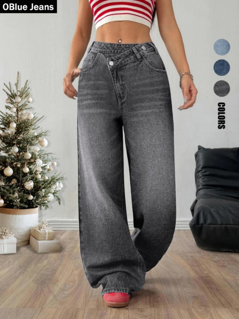 OBlue Jeans Women's Plain Asymmetrical Waist Button Baggy Stacked Jeans, Fashion Casual Denim Jeans for Daily Wear, Ladies Bottoms for All Seasons