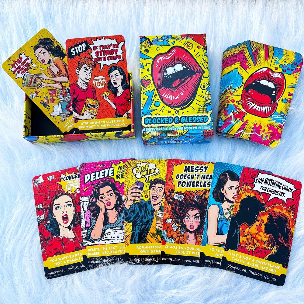 54 Card Deck, 13x8cm Size, BLOCKED & BLESSED , A SASSY ORACLE DECK FOR Modern Healing Cards Set, Suitable for Shadow Training & Breakup Recovery, Humorous Divination Game, Party Game Cards