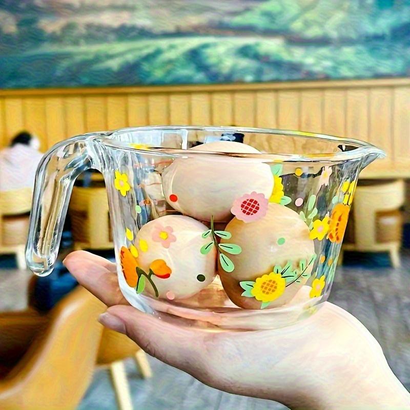 Covered Flower Glass Measuring Cup - Heat-resistant, Microwave-safe, BPA-free, Ideal for Baking, Cooking, and Morning Milk/Cold Drinks, Reusable Oval Design with Handle and Measurement Marks, Vibrant Floral Pattern