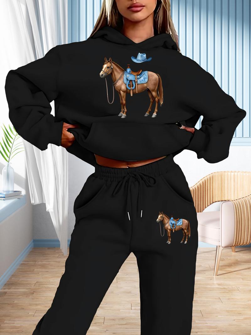 Western Style Horse Cowboy Hat Women's Sportswear Set, Vintage Western Art Print, Casual Fall & Winter, Comfortable All-Season Wear