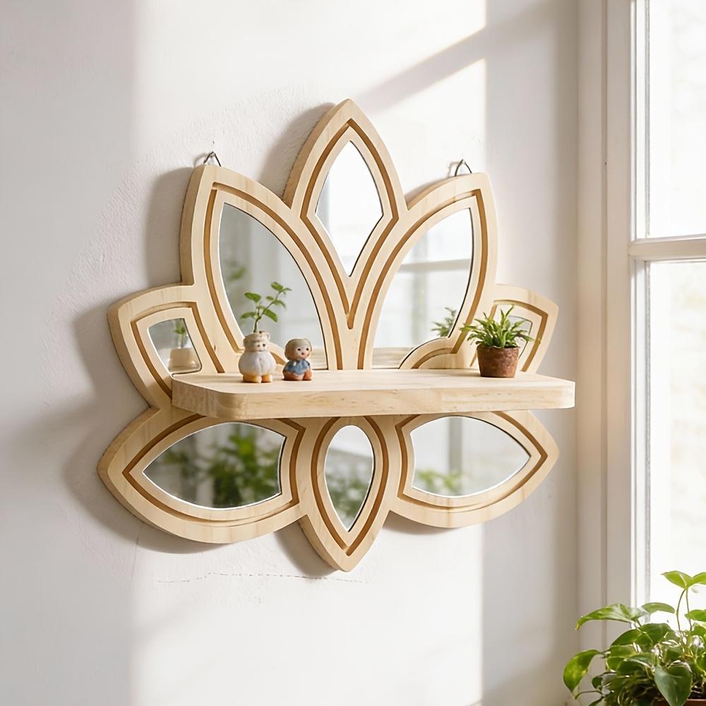 Boho for Lotus Flower Wall Shelf with Mirror, Natural Wood Floating Shelves for Wall Decor, Boho Storage Organizer for Living Room Bedroom, Floating Shelves