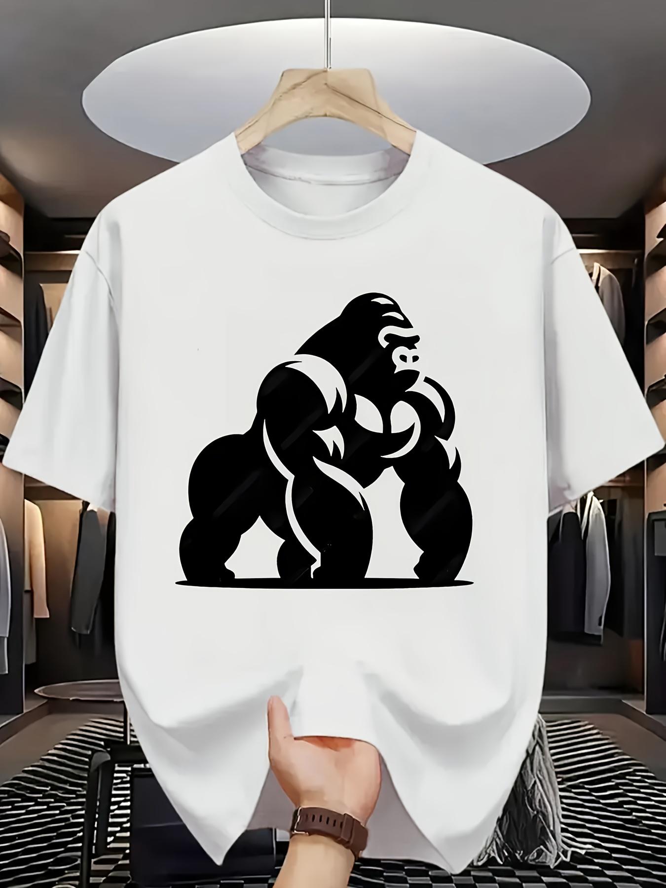 Unisex White Gorilla Print T-Shirt - Big Gorilla Silhouette & Chest Logo Design, Casual Crew Neck Short Sleeve Summer Tee with Animal Graphic, Machine Washable for Fitness & Daily Wear