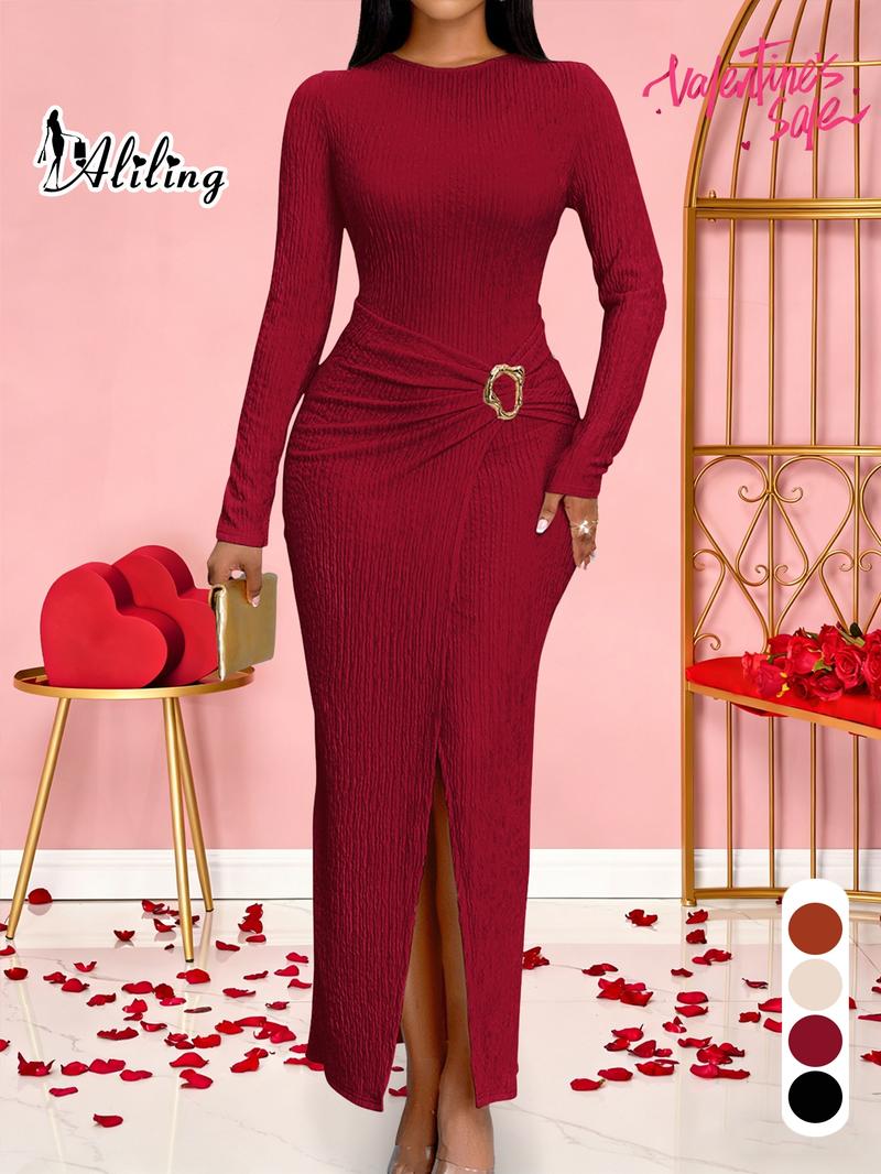 Aliling Women For Dresses Round Neck Long Sleeve Slim Fit Split Long Dresses Solid High Waist Bodycon Slim Female Elegant Party Clothing Casual