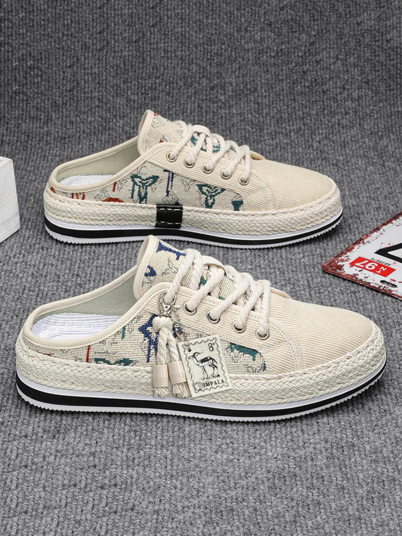 Men's Ethnic Animal Print Canvas Slippers, Summer Footwear, Size 39-44, Thick Sole, Slip-On Design, Retro Open-Toe Sandals