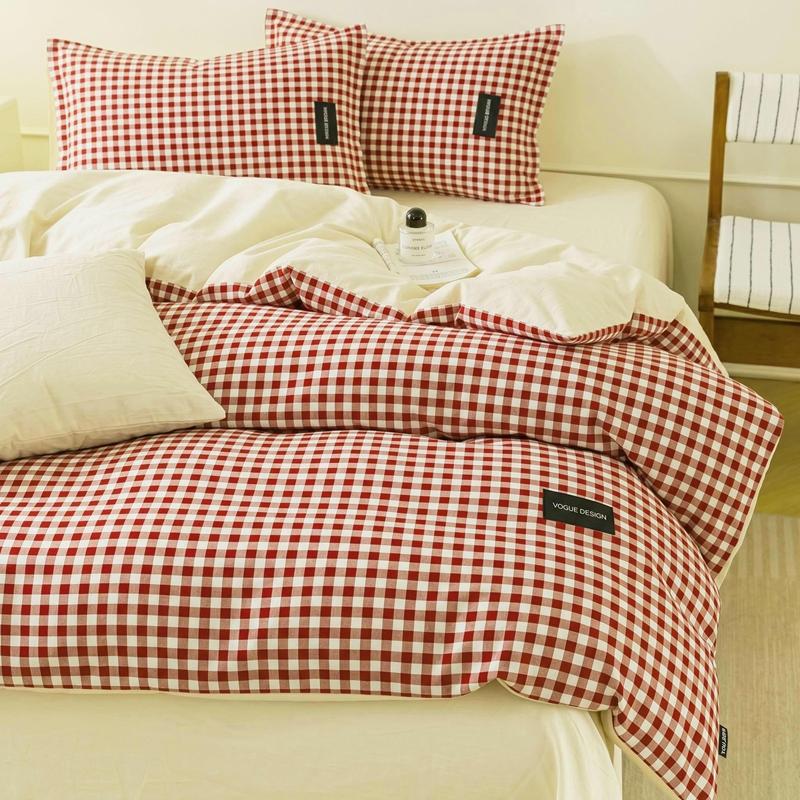 Colorful Cationic Fabric Plaid Four-Piece Set, Includes Duvet Cover, Bed Skirt, Pillowcases, Comfortable and Stylish Bedroom Essentials