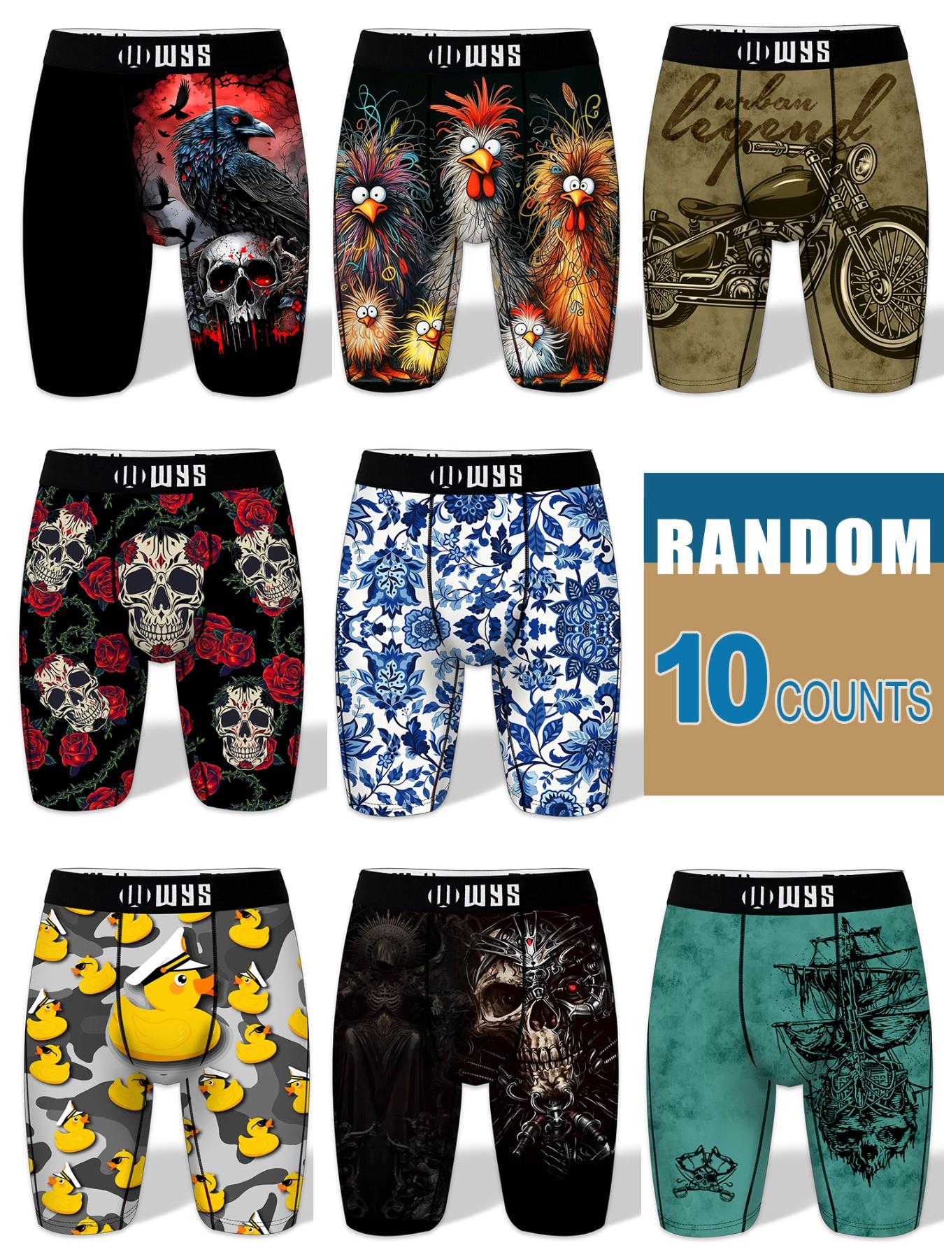 RANDOM 10PCS,Men's Long Athletic Stretchy Casual Boxer Briefs Set, Moisture-Wicking, Anti-Chafing, Quick-Dry, Halloween Skull Wolf Motorcycle Design Print, Comfortable Fit