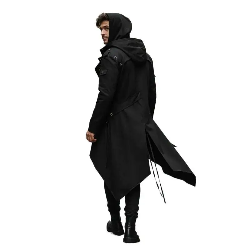Medieval Steampunk Assassin Elves Pirate Costume Adult Men Black Long Split Jacket Gothic Armor Leather Coats