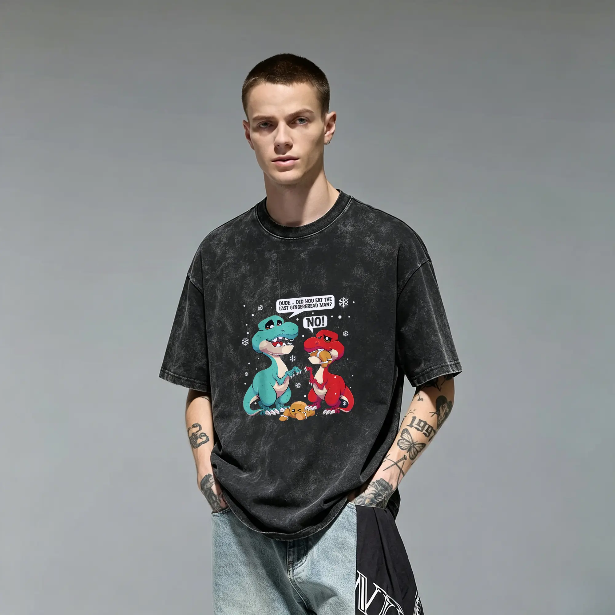 Funny Did You Eat The Last Gingerbread Man T Rex Joke Art Vintage Washed Loose Fit Acid Wash Oversized 100% Cotton Graphic Tee T-Shirt for Men Gag Gift Cutting Ideas Dinosaur Lover Christmas Holiday Humor Sarcastic Aesthetic Casual Streetwear Top