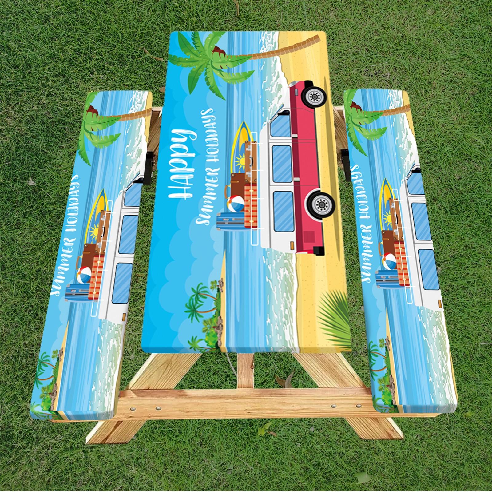 3pc Party Camping Yard Tablecloth Set, Beach RV Vacation Scene, Elastic Stretch Cover, Windproof Rectangular Tablecloth, Outdoor Picnic BBQ
