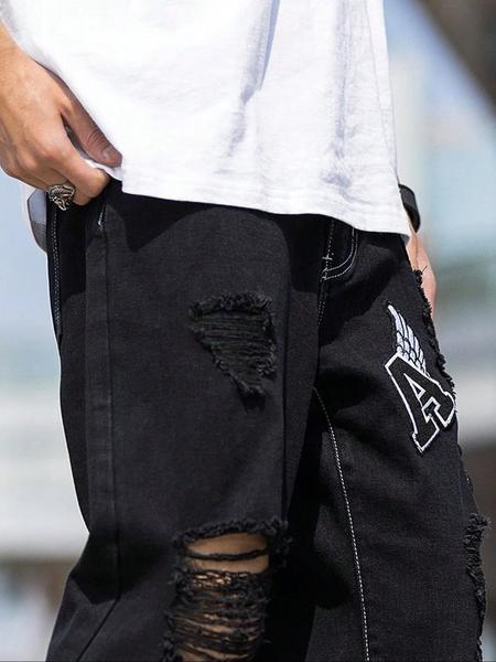 Men's Black Ripped Patched Wide-Leg Denim Jeans, Personalized Patches + Trendy Rips, a Must-Have for Street Trendsetters!