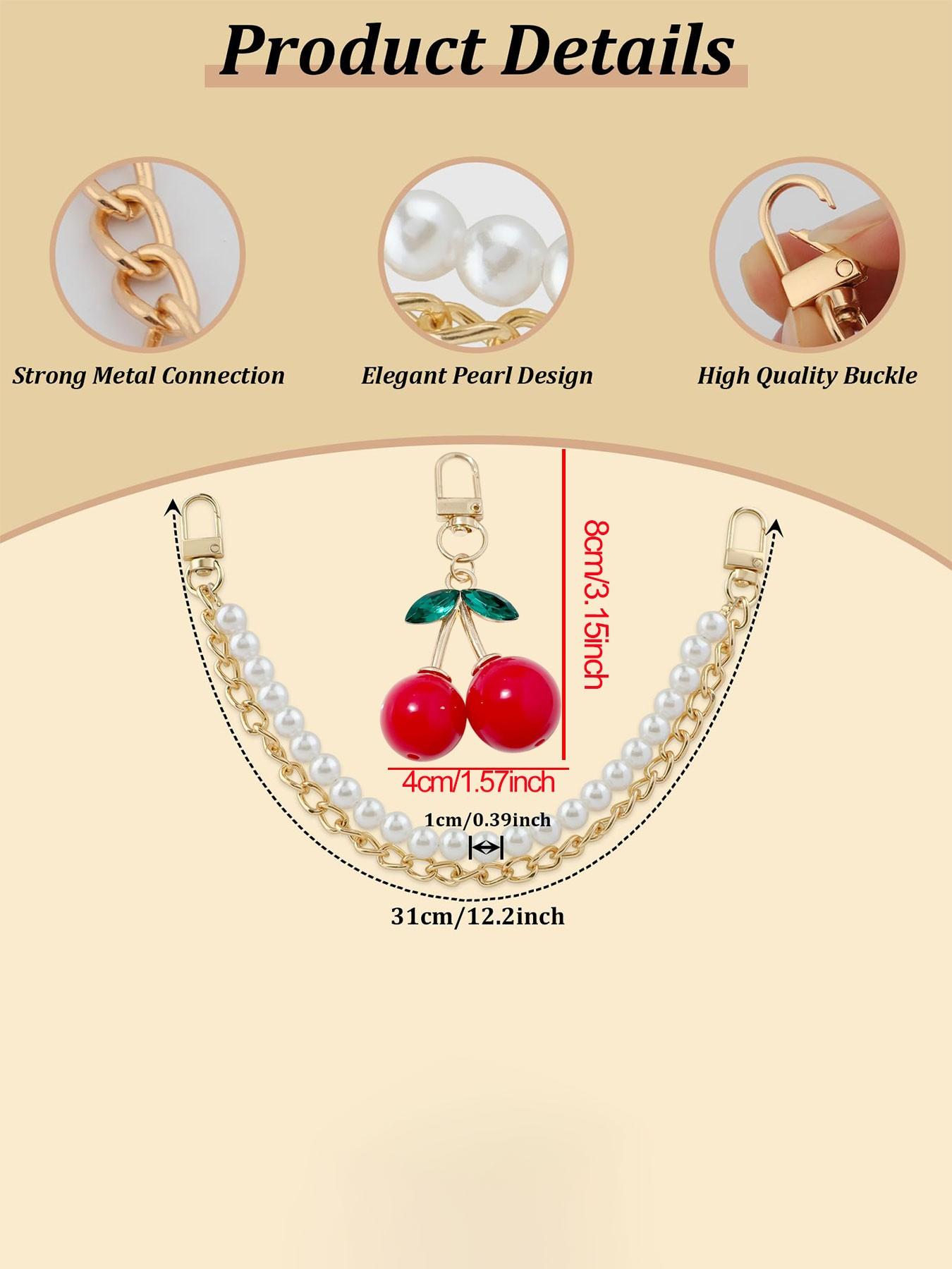 Faux Pearl Purse Chain Bag Charms with Cherry Keychain,Pearl Bag Chain Purse Charms for Handbags Pearl Purse Bag Chain Extender Gold Metal Purse Straps Extender Short Handle Replacement Handbag Strap Bag Purse Accessories Belt Chain Cherry Pendant Keyring