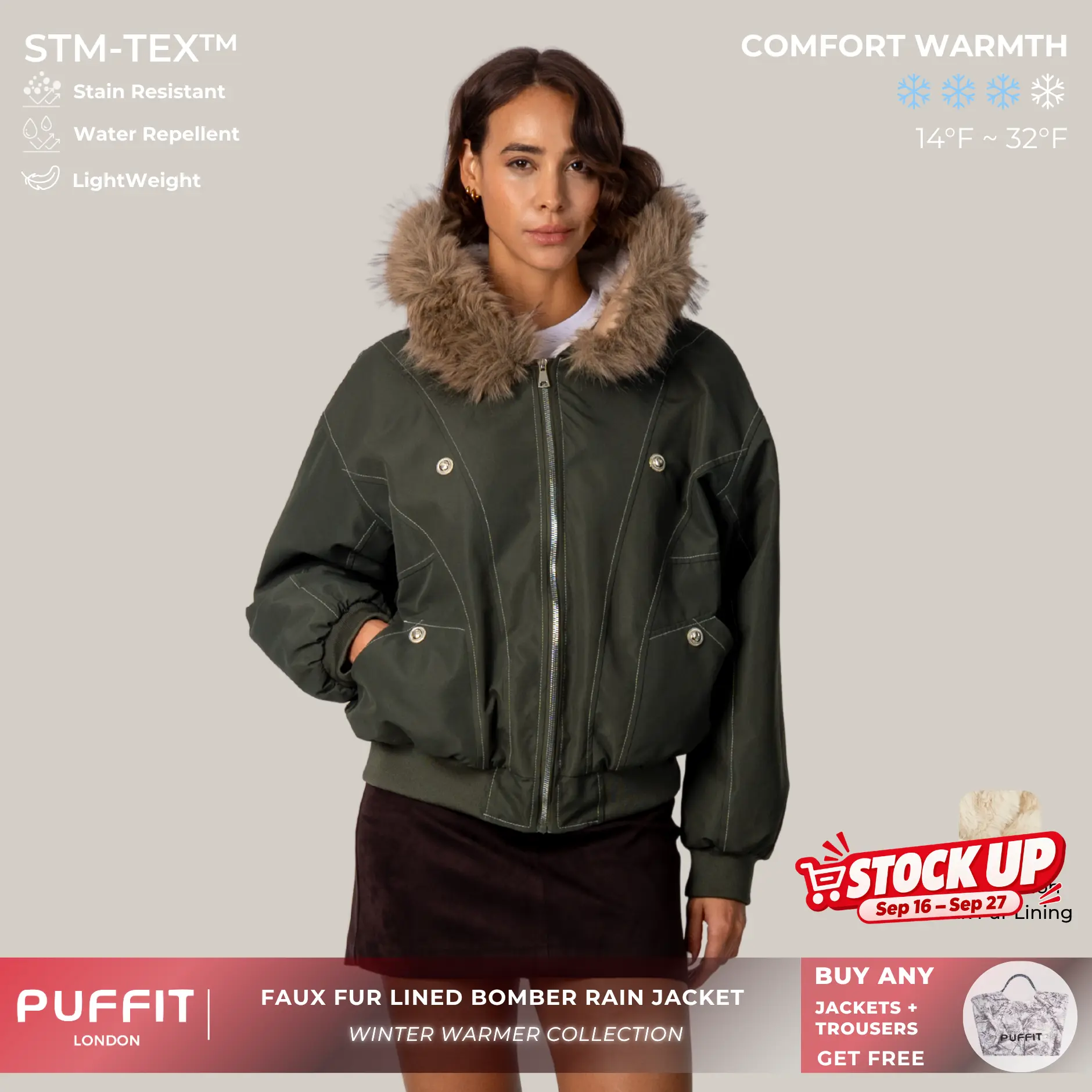 PUFFIT STM-TEX Faux Fur Lined Waterproof Bomber Jacket With Faux Fur Collar Hood,Elegant And Sophisticated,Enhances Warmth,Soft And Warm,Style And Practicality,Y2K Style,Fall Winter Coat,2026 Shopping