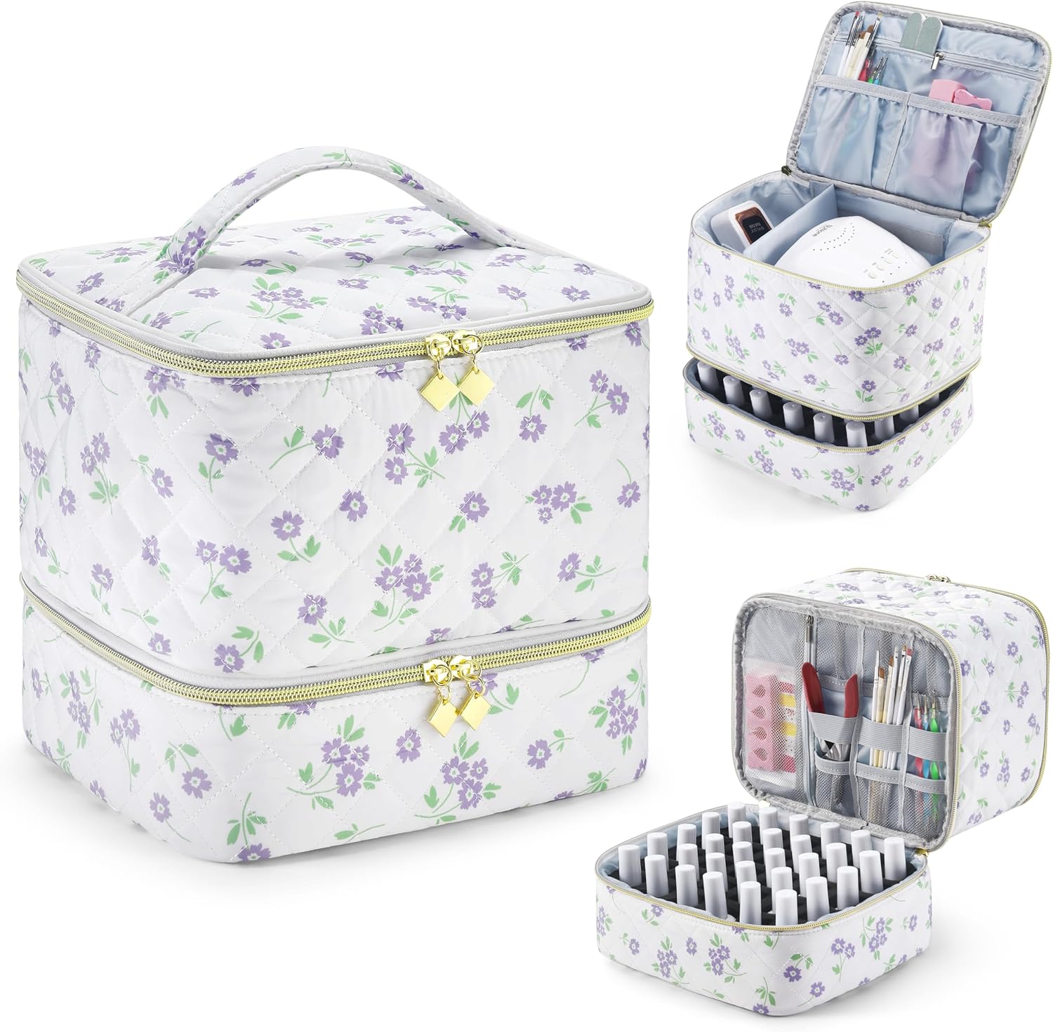 Double-Layer Quilted Nail Polish Storage Bag, Portable Zipper Makeup Organizer Pouch, Multifunctional Bag, Cosmetics Organizer for Women & Girls, Travel Cosmetic Bag (Bag Only)
