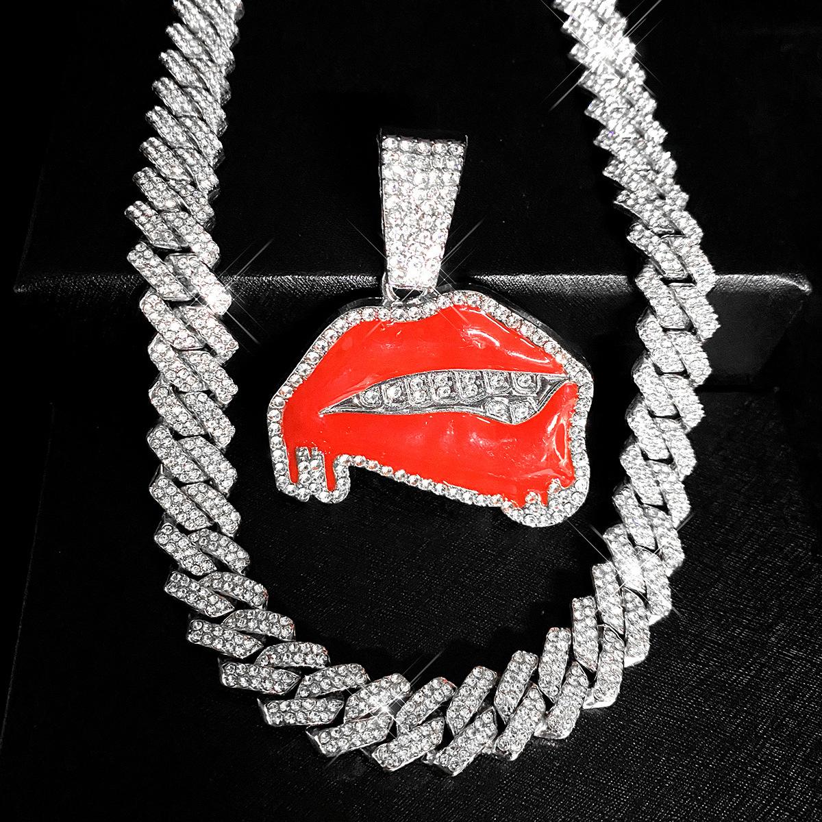 Diamond-studded oil-drip sexy red lip pendant hip-hop personalized creative alloy Cuban chain necklace