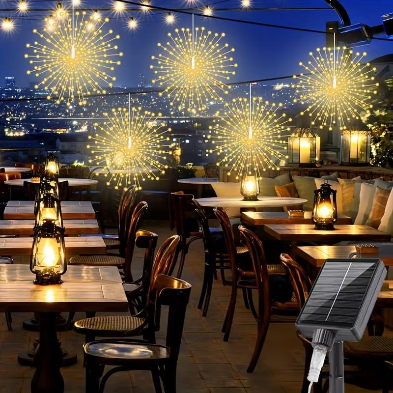 Smart Solar Hanging Firework Lights, 5-Piece Set, 8 Modes with Remote Control, Copper Wire Lanterns, Garden Decor, Celebrations, Weddings