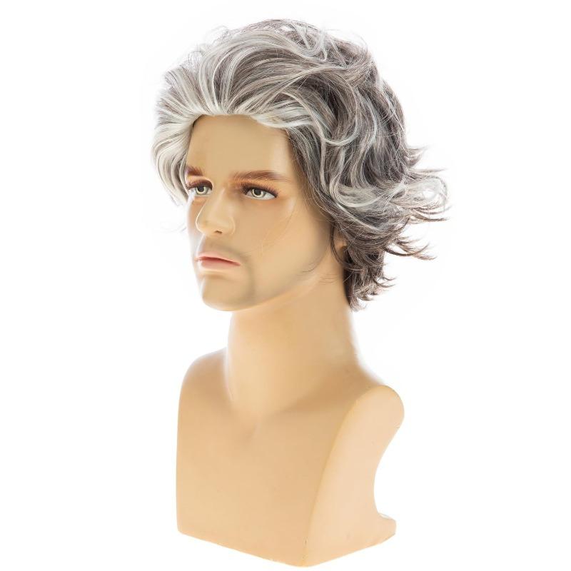 Men's Synthetic Curly Hair Medium-Length Wig - Gradient Gray-White Blonde, Unisex Secure Styleable Comfortable Breathable, Styling Accessory for Role-Playing, Halloween