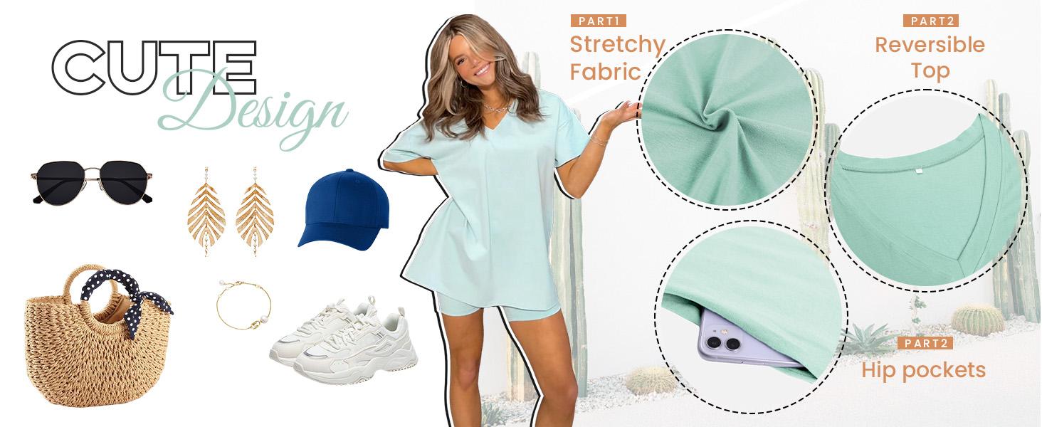 SCUSTY Women's Two Piece set Oversized V Neck T Shirt Biker Short Summer Outfits Hot Shot Reversible Sets