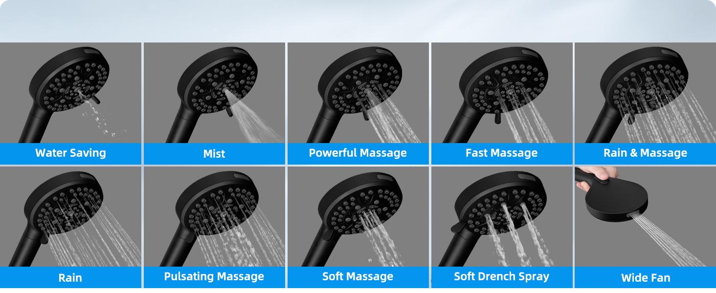 Hibbent Upgraded 5-spray 13'' Dual Filtered Rainfall Shower Head Combo, High Pressure 10-setting Handheld Shower Head with 12'' Adjustable Extension Arm, 20 Stage Shower Filter, 71'' Hose, Matte Black