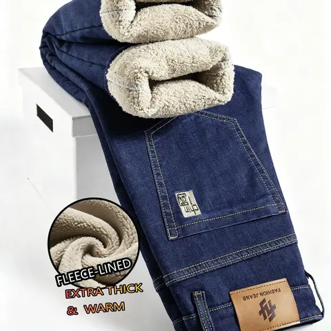 Men's Fleece Lined Jeans, Winter Slim Straight Leg, Thick Warm Casual Pants, All Seasons Loose Fit Street Style