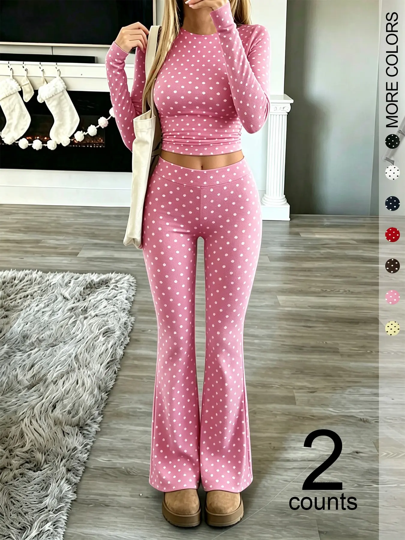 Women’s two-piece set, casual slim-fit round-neck long-sleeve top, matching flared pants