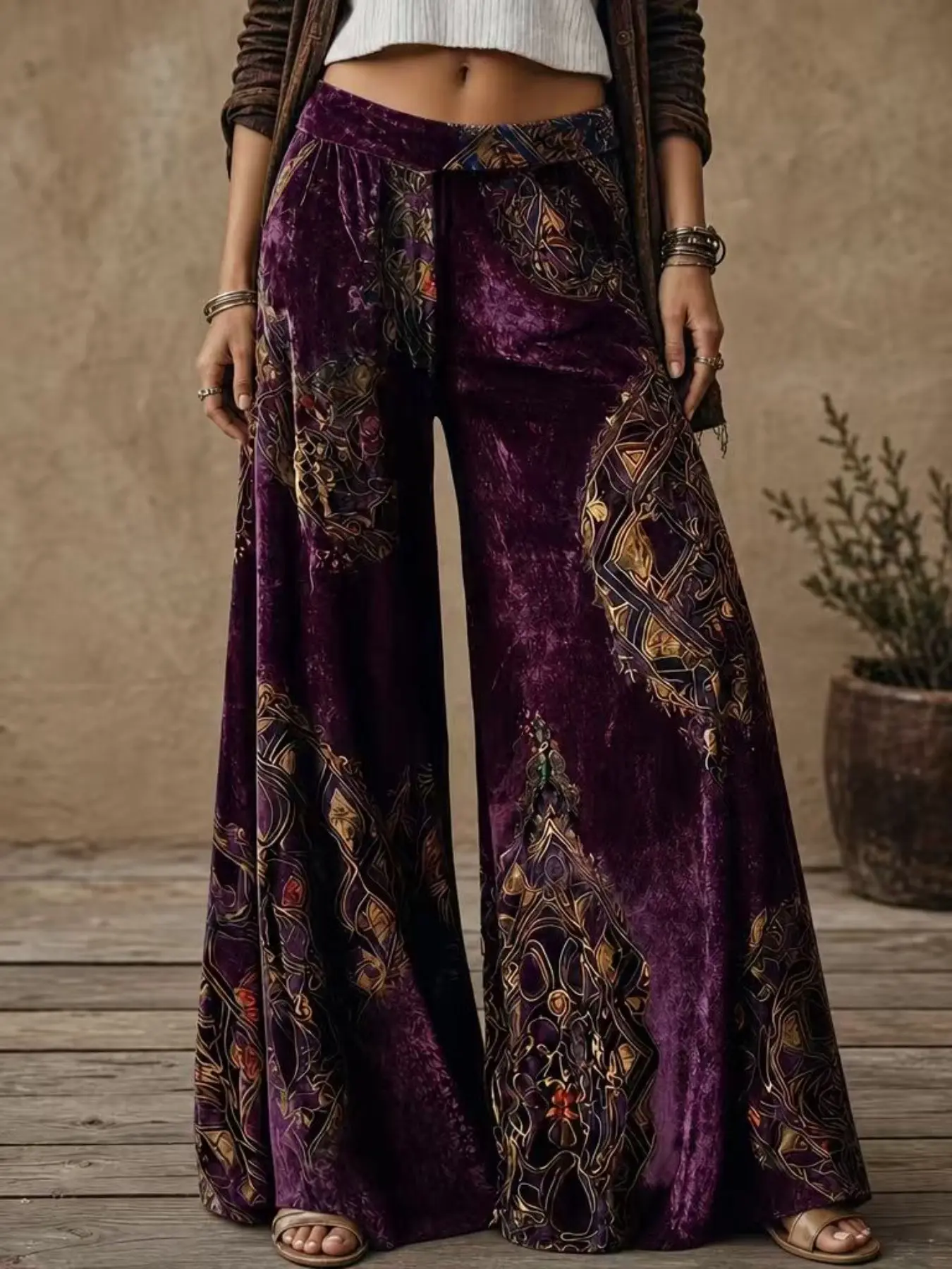 Women's Fall Winter Velvet Court Vintage Print Fashion Wide Leg Pants, Soft Comfortable Fabric, Daily Wear, Outdoor, Office Commute