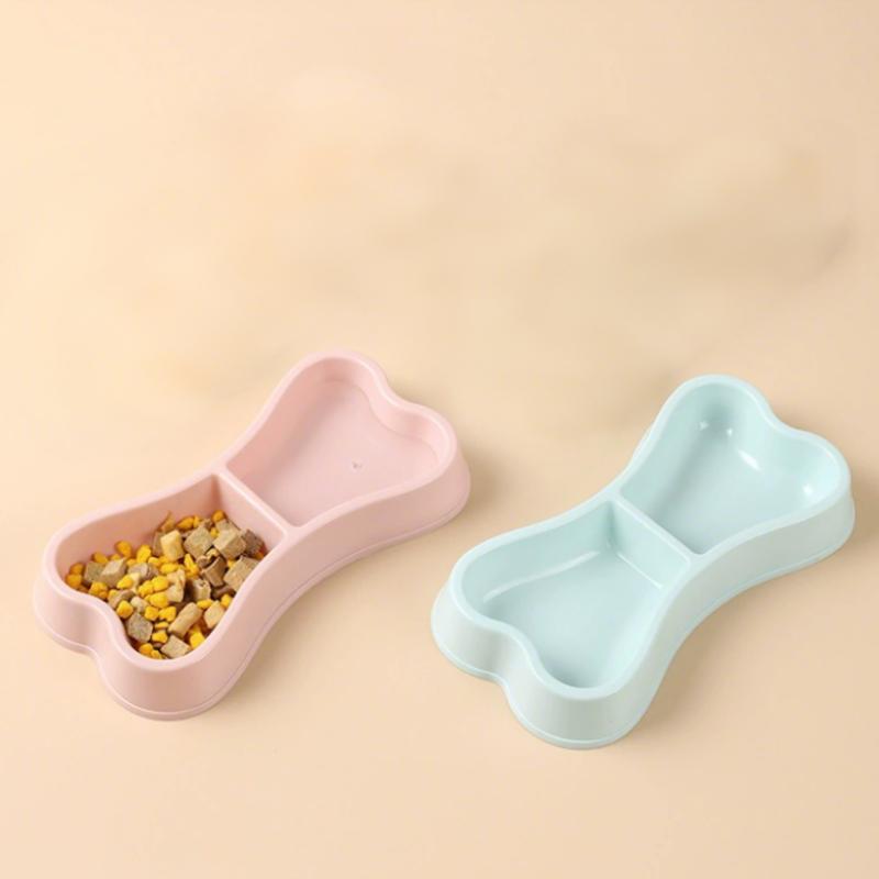 Household pet bowl bone-shaped double bowl cat bowl dog bowl cute durable shatterproof blue pink dog cat food dish