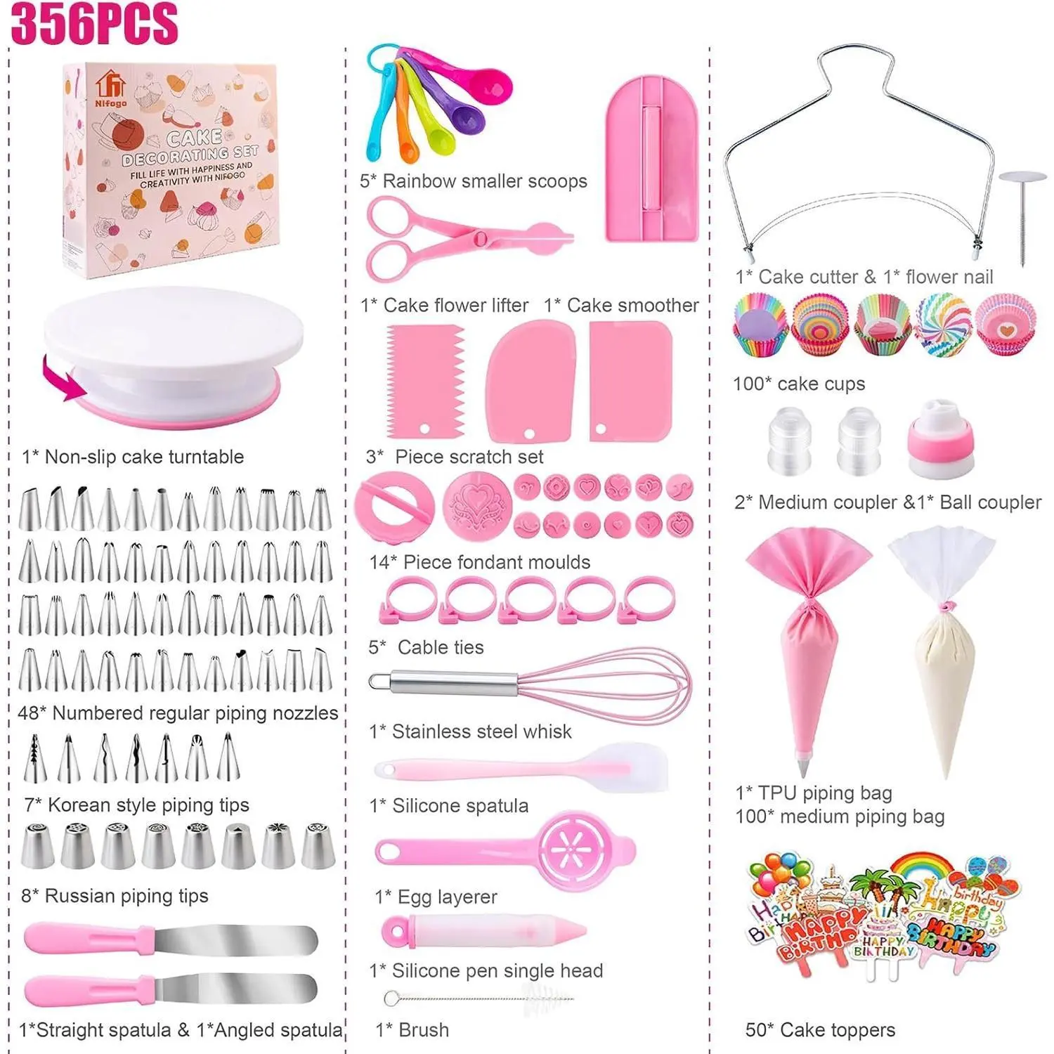 Nifogo Cake Decorating Supplies Kit 356pcs with Turntable Pastry Piping Bag Icing Tips for Beginners Stainless Steel Cupcake Holder & Stands