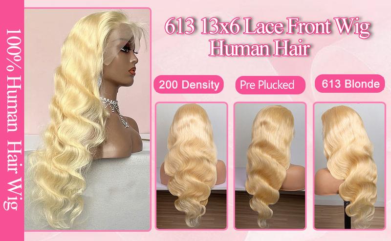 Lemoda 613 13x6 Lace Front Wig Human Hair 200 Density Body Wave 13x6 HD Transparent Lace Wig Pre Plucked with Straight Hair 15A Brazilian Virgin 613 Blonde Wig Human Hair for Women