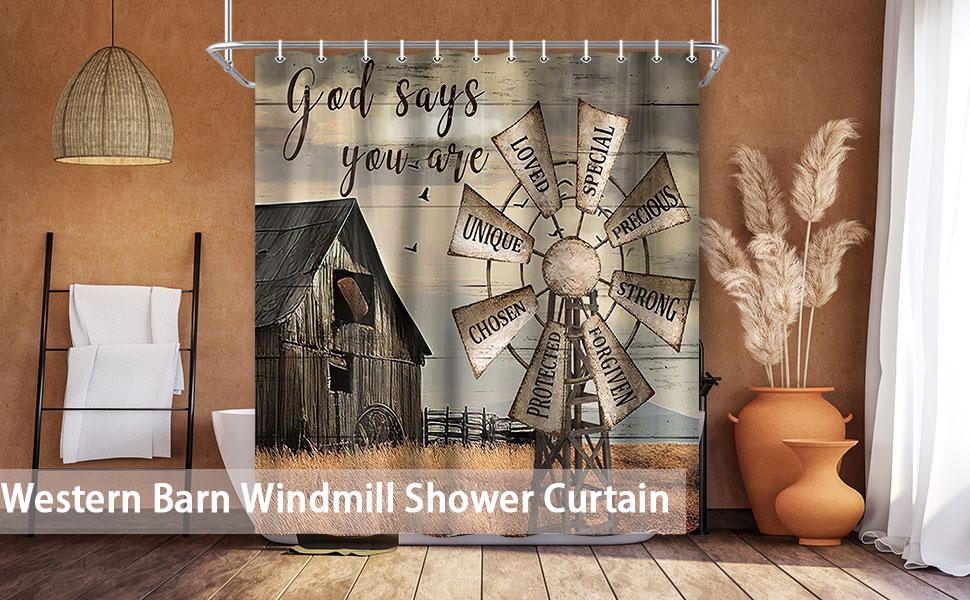 Western Barn Windmill Shower Curtain Sets for Bathroom,Rustic Inspirational Quotes Country Vintage Shower Curtains, Waterproof Farmhouse Bathroom Bathbub Decor Curtains with Hooks 70X70IN