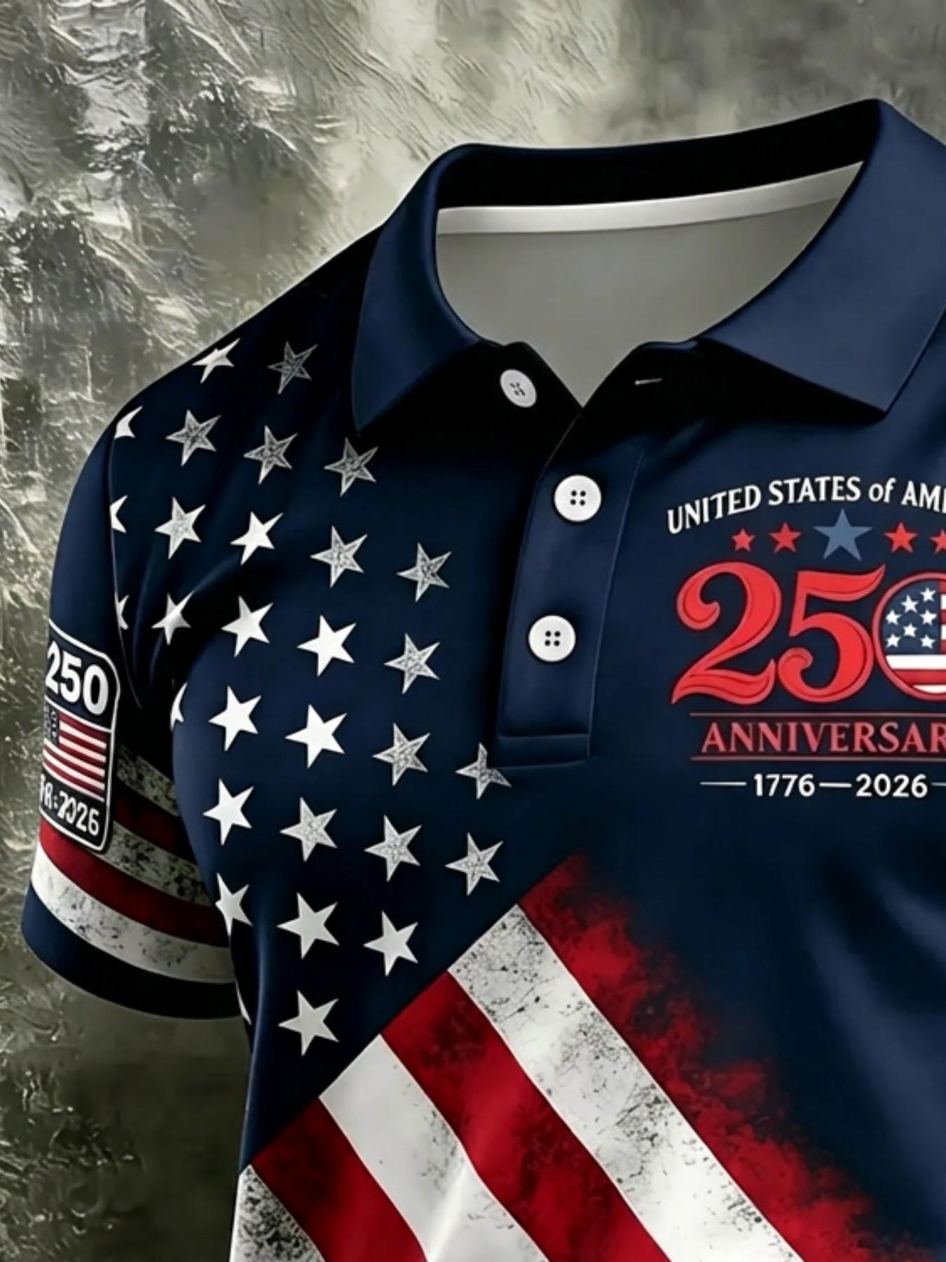 Patriotic American Flag Polo Shirt for Men, 250th Anniversary 1776-2026, Sporty Fitted Geometric Design, Ideal for 4th of July Gifts