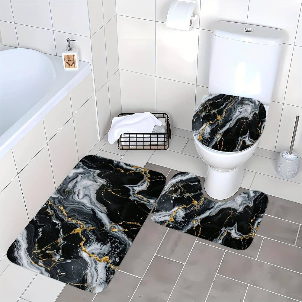 3pcs Black and Golden Faux Marble Pattern Rug Set, 0.8cm Flannel Material, Modern Minimalist Style, Non-Slip Bath Mat, O-Shaped Non-Slip Toilet Seat Cover, Exquisite Home Decor Set