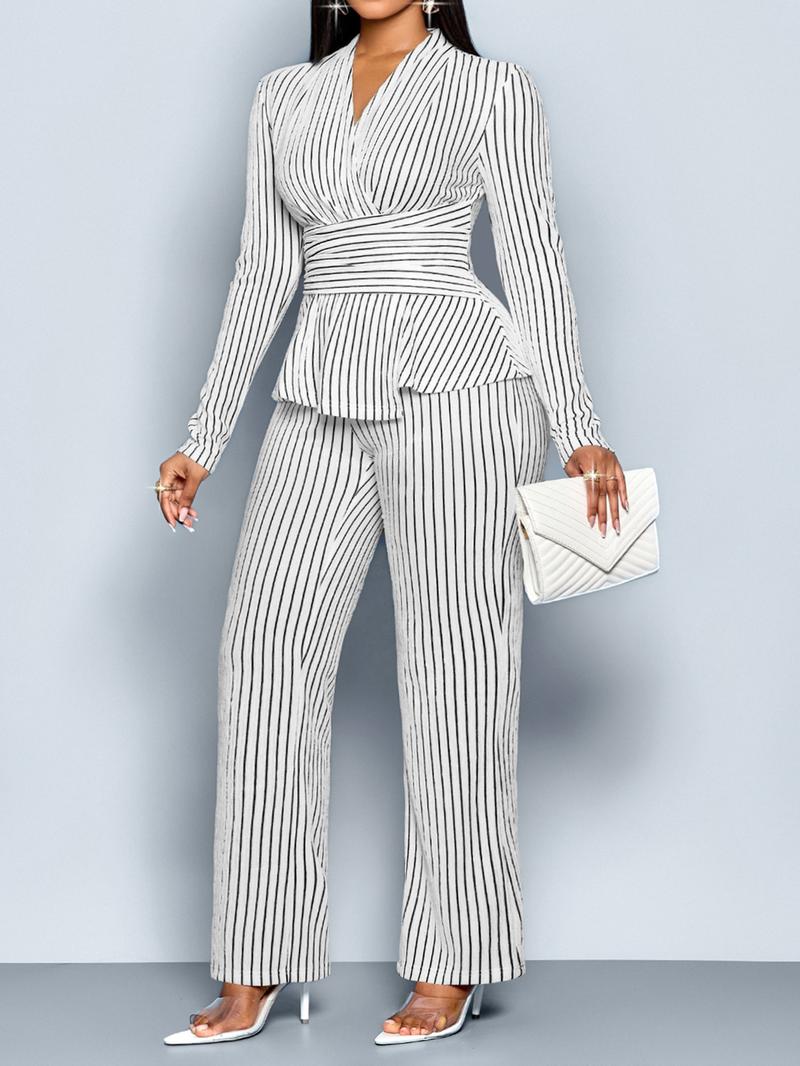 Women's Striped Two-Piece Set, Elegant Fall & Winter, Deep V-Neck Long Sleeve Top, High-Waisted Wide-Leg Pants, Plus Size