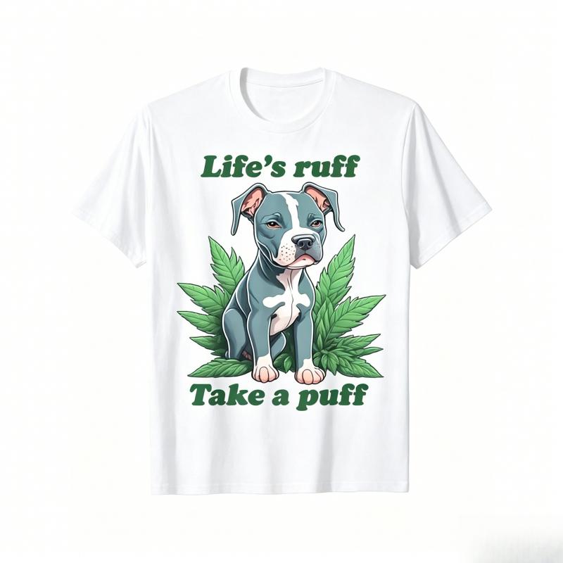 Cotton short-sleeve T-shirt, printed with the design "Life's Ruff Take A Puff Pitbull Weed", black, 100% cotton, suitable for men, fathers, friends, available in sizes S-5XL, street style casual graphic T-shirt