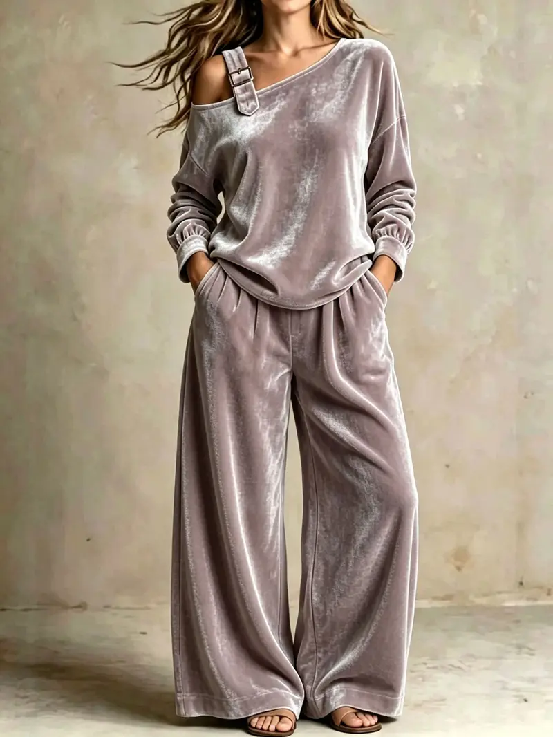 Women's velvet one-shoulder top and pants two-piece set - image 8