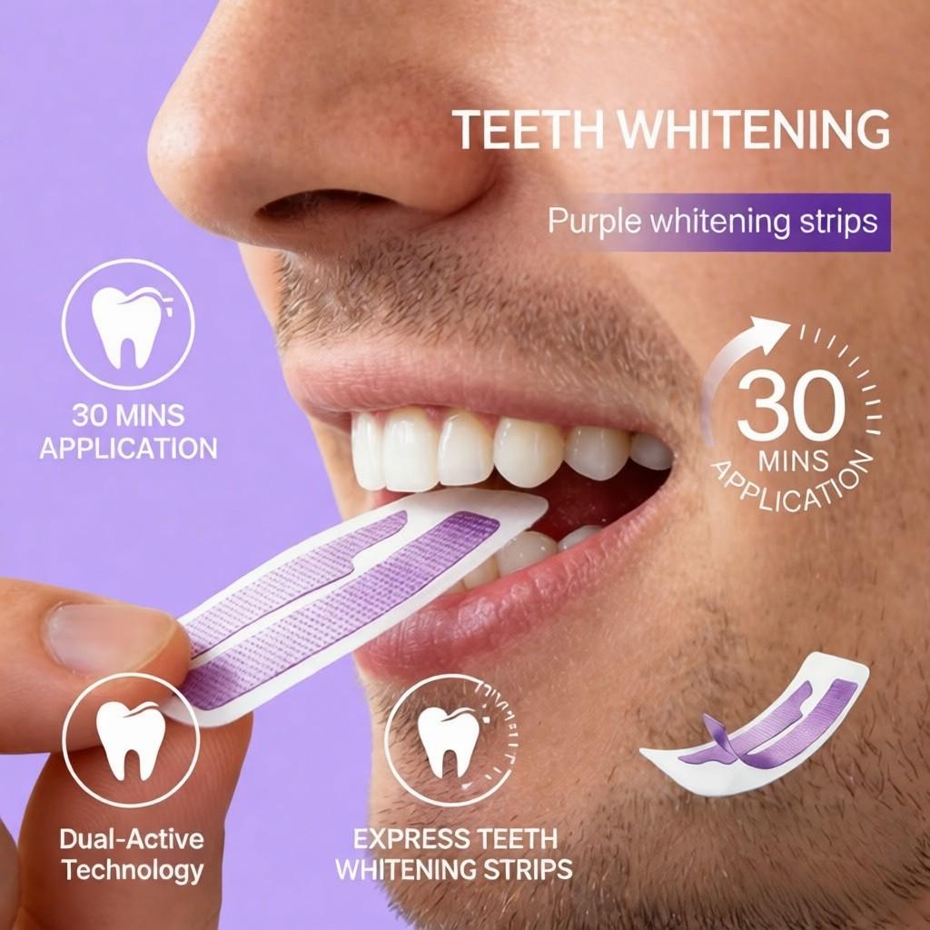 14Pair Pap Whitening Teeth Strips, Deep Cleaning & Fresh Breath, Travel Home Use, Non-Toxic Tooth Strips, Large Box Purple Whitening STRIPS TEETH WHITE PAP STRIPS