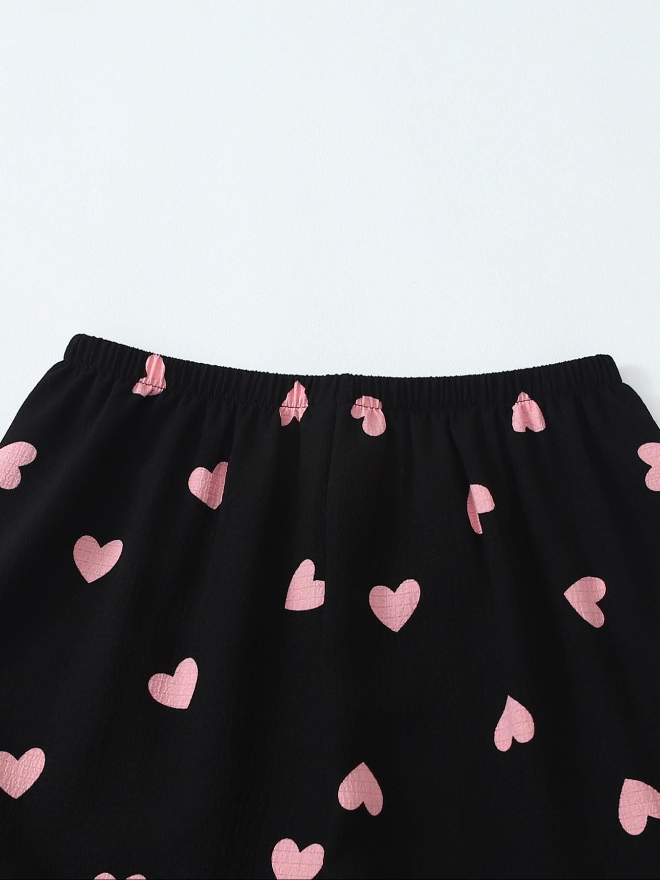 Women's Two-Piece Pajama Set, Fitted Casual Comfortable Woven Lapel Pocket Heart Shirt Short Sleeve + Elastic Waist Home Pants, All-Season Sleepwear Loungewear