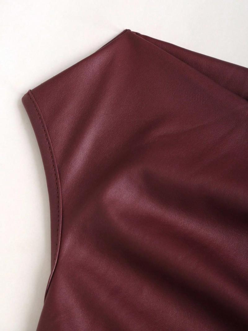 Women's Leather Metal Decor Casual Fashion Top，Irregular Collar PU Top with Metal Decoration, Stylish Casual Blouse for Daily Wear, Fashionable Women's Clothing