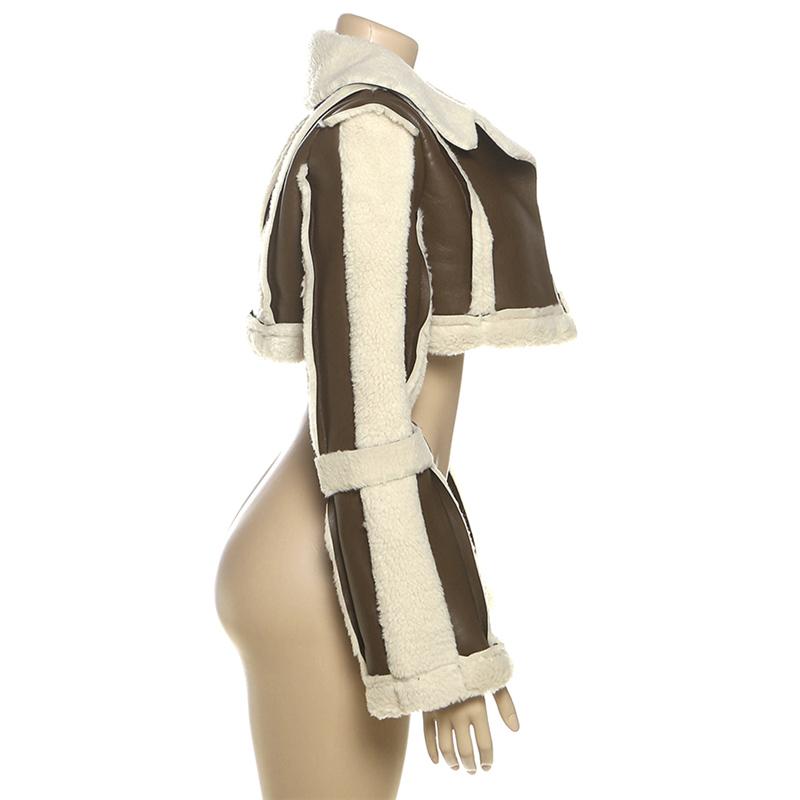 DOUCIU New Autumn And Winter Fashion Personality All-Match Hip-Hop Joint Cool Loose Casual Warm Ladies Retro Pu Leather Contrast Color Cardigan Short Jacket