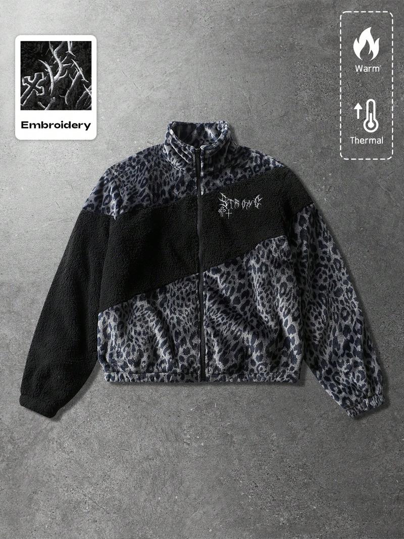 Men's Zipper Letter Graphic Windbreaker Jacket, Outdoor Parka Coat, Winter Jacket, Casual Fitted Jacket, Zip Up Coats, Casual Streetwear, Fall & Winter Fashion