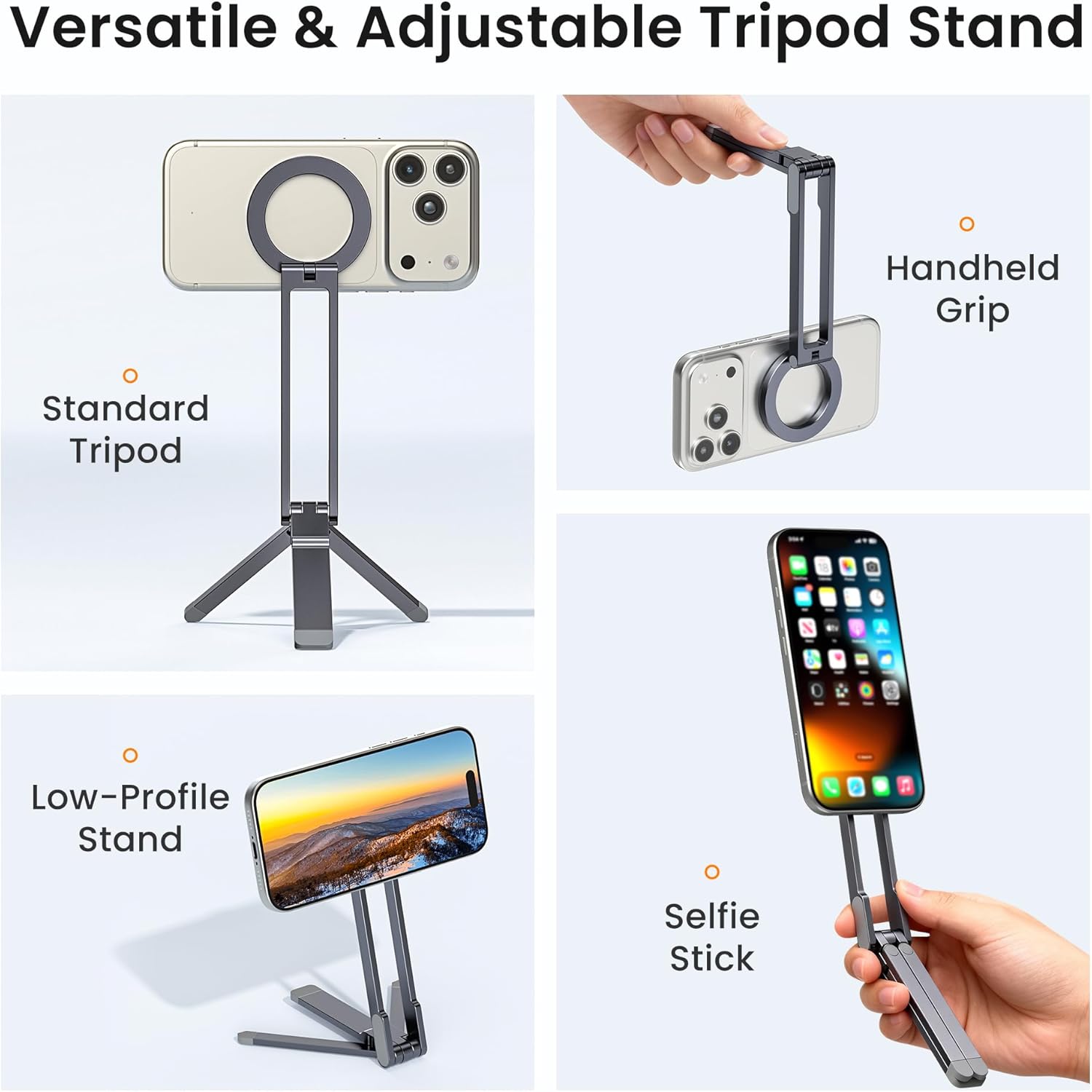 Cell Phone Tripod,Adjustable Phone Holder for Desk,Portable Mini Tripod Phone Mount for Travel,Vlogging,Selfies,Compatible with MagSafe  17 16 15 14 13 12 &  Smartphones,Grey