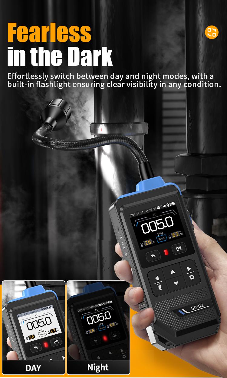 FNIRSI GD-02 Portable Gas Leak Detector 50000PPM Color Screen Display Methane LPG Detection with 36cm Probe 3 Alarms for Home Security System