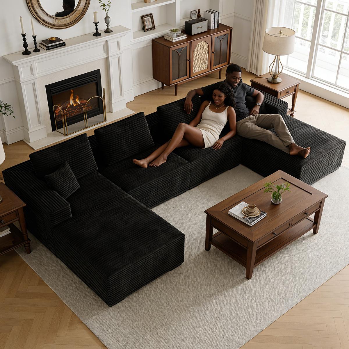 141.73"x70.87'' Boneless Couch Modular Sectional Sofa ，Oversized Cloud Couch Sectional with Deep Seats, Free Combination，Wide-Strip Corduroy Fabric, Compressed No-Assembly Couches for Living Room